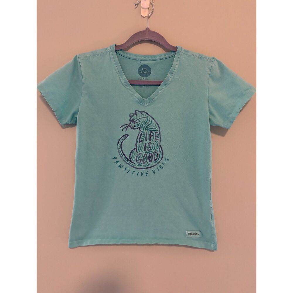Life is Good 100% Cotton Cat Pawsitive Vibes Crusher Womens T Shirt Size XS